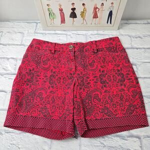 Lands' End Women's Denim Shorts Midrise Red Paisley Bandana Stretch Boho size 8P